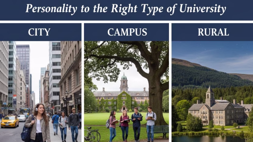 Photo-realistic depiction of urban city university, traditional campus, and serene rural college settings to match personalities with ideal university environments. Ultra high definition, professional photography with cinematic lighting and hyperrealistic details.
