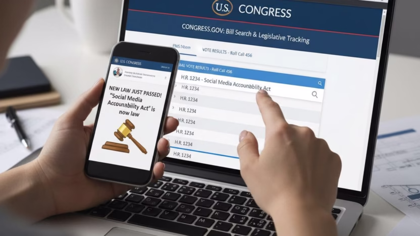 Photo-realistic guide illustrating steps to check if a 'new law just passed' post is real using official bill trackers and vote pages.