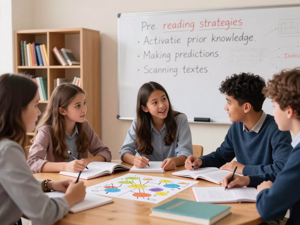 A brightly lit classroom setting, focusing on a wooden table filled with colorful educational materials like charts, mind maps, and books. In the foreground, a diverse group of three students (two girls and one boy) engaged in a pre-reading brainstorming session, with animated expressions as they discuss strategies. They are dressed in smart casual attire. In the middle ground, a large whiteboard displays visually appealing bullet points highlighting key pre-reading strategies: activating prior knowledge, making predictions, and scanning texts. In the background, shelves filled with neatly organized books illuminate the atmosphere of learning. The overall mood is collaborative and energetic, captured with a warm, soft-focus lighting effect and a slight downward angle, emphasizing the students’ engagement with the material.