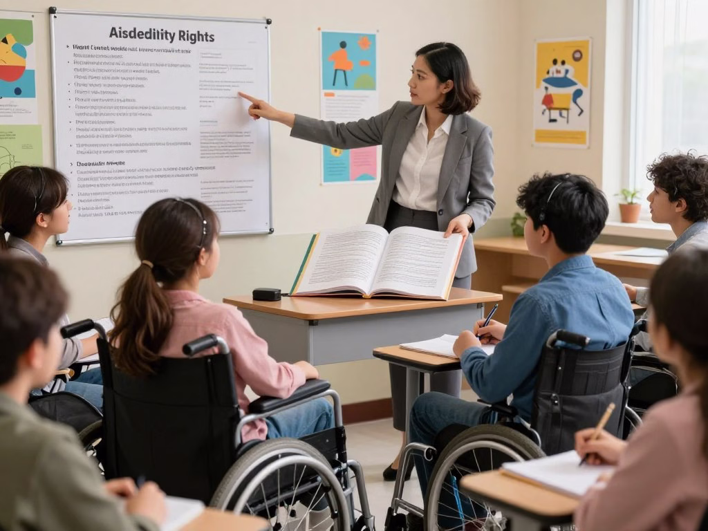 A diverse group of students with disabilities gathered in a cozy classroom environment, engaging in interactive discussions about their rights. In the foreground, a young girl in a wheelchair is animatedly pointing at a large poster showcasing various disability rights laws. Beside her, a boy with hearing aids listens attentively while taking notes. In the middle ground, an instructor, dressed in professional business attire, facilitates the discussion, highlighting legal frameworks with a large open textbook on a desk. The background features colorful educational materials, including infographics related to accessibility and empowerment. Soft, natural lighting floods the room, creating an inclusive and warm atmosphere. The scene captures a sense of collaboration and hope, emphasizing the importance of advocacy and education for students with disabilities. A diverse group of students with disabilities gathered in a cozy classroom environment, engaging in interactive discussions about their rights. In the foreground, a young girl in a wheelchair is animatedly pointing at a large poster showcasing various disability rights laws. Beside her, a boy with hearing aids listens attentively while taking notes. In the middle ground, an instructor, dressed in professional business attire, facilitates the discussion, highlighting legal frameworks with a large open textbook on a desk. The background features colorful educational materials, including infographics related to accessibility and empowerment. Soft, natural lighting floods the room, creating an inclusive and warm atmosphere. The scene captures a sense of collaboration and hope, emphasizing the importance of advocacy and education for students with disabilities.