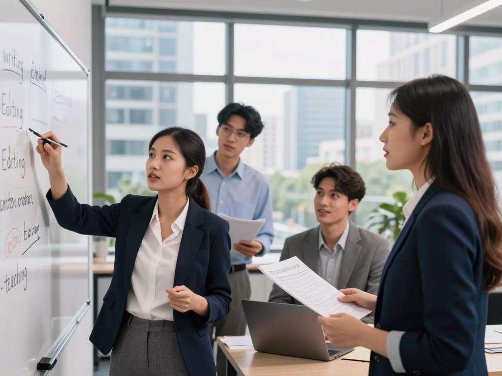 A diverse group of young professionals in a modern office setting, engaged in a lively discussion about career opportunities. In the foreground, a confident woman in smart business attire is pointing at a whiteboard filled with keywords related to job prospects for English majors, such as "writing," "editing," "content creation," and "teaching." The middle ground showcases two men, one reviewing a resume and the other on a laptop, both dressed in professional attire, exuding enthusiasm and focus. In the background, large windows reveal a vibrant cityscape, with soft natural light streaming in, creating an optimistic atmosphere. The overall mood is dynamic and inspiring, reflecting the value of an English degree in today’s job market.