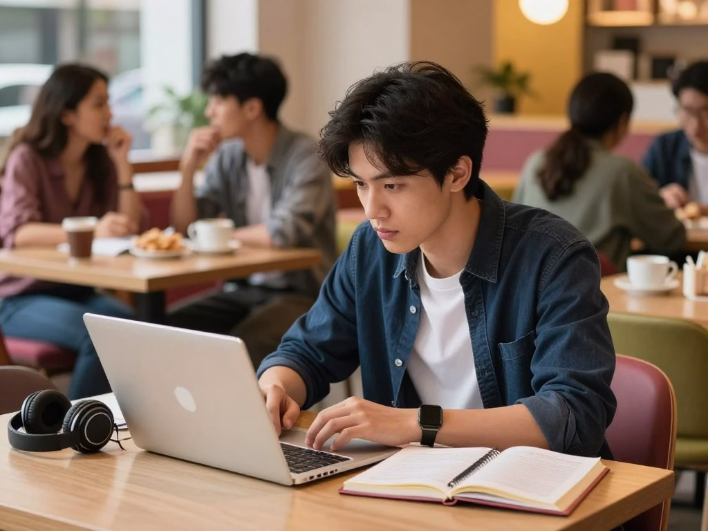 A focused student sitting at a well-organized study desk in a lively cafe, with vibrant colors and bustling patrons in the background, creating a contrast between work and distraction. The foreground features a laptop open and notebooks, with resources like noise-cancelling headphones nearby, symbolizing effective study methods. The middle section shows the student, dressed in smart casual attire, leaning intently over their work, with a determined expression. In the background, blurred figures engage in conversation, with coffee cups and snacks, illuminated by warm ambient lighting to evoke a cozy yet dynamic atmosphere. The composition conveys productivity amidst distractions, showcasing clarity of focus despite the surrounding noise. A focused student sitting at a well-organized study desk in a lively cafe, with vibrant colors and bustling patrons in the background, creating a contrast between work and distraction. The foreground features a laptop open and notebooks, with resources like noise-cancelling headphones nearby, symbolizing effective study methods. The middle section shows the student, dressed in smart casual attire, leaning intently over their work, with a determined expression. In the background, blurred figures engage in conversation, with coffee cups and snacks, illuminated by warm ambient lighting to evoke a cozy yet dynamic atmosphere. The composition conveys productivity amidst distractions, showcasing clarity of focus despite the surrounding noise.