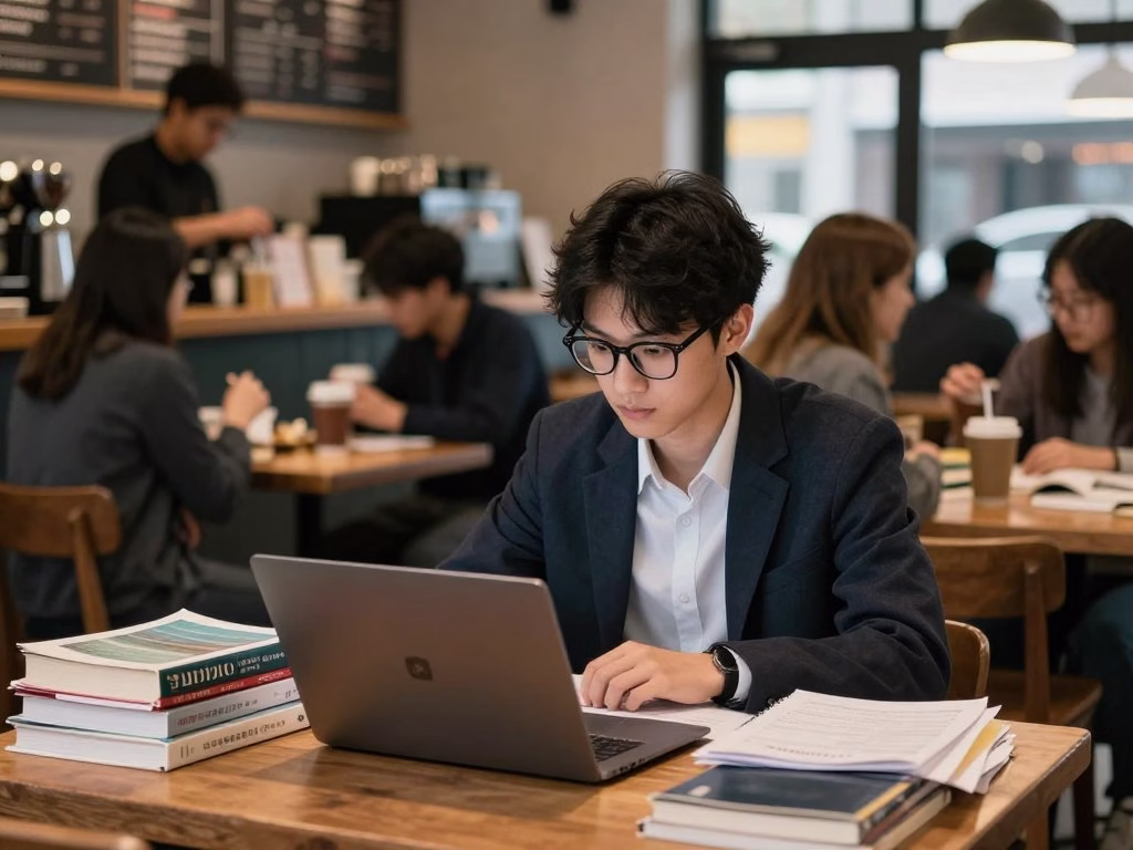 A focused student with glasses sits at a cluttered wooden table, surrounded by books and notes, dressed in a smart casual outfit. Visible distractions like a coffee shop atmosphere buzz around them, showcasing people chatting, cups clinking, and the distant sounds of a street outside. In the foreground, a stack of study materials, including textbooks and a laptop, emphasizes the intense studying effort. The middle ground reveals the lively coffee shop ambiance, with a blurred figure of a barista preparing drinks and customers engaged in conversation. The background features warm, soft lighting that creates a cozy yet chaotic atmosphere, hinting at the challenge of concentration amidst the noise. The overall mood is a blend of determination and distraction, capturing the essence of studying effectively in a bustling environment. A focused student with glasses sits at a cluttered wooden table, surrounded by books and notes, dressed in a smart casual outfit. Visible distractions like a coffee shop atmosphere buzz around them, showcasing people chatting, cups clinking, and the distant sounds of a street outside. In the foreground, a stack of study materials, including textbooks and a laptop, emphasizes the intense studying effort. The middle ground reveals the lively coffee shop ambiance, with a blurred figure of a barista preparing drinks and customers engaged in conversation. The background features warm, soft lighting that creates a cozy yet chaotic atmosphere, hinting at the challenge of concentration amidst the noise. The overall mood is a blend of determination and distraction, capturing the essence of studying effectively in a bustling environment.