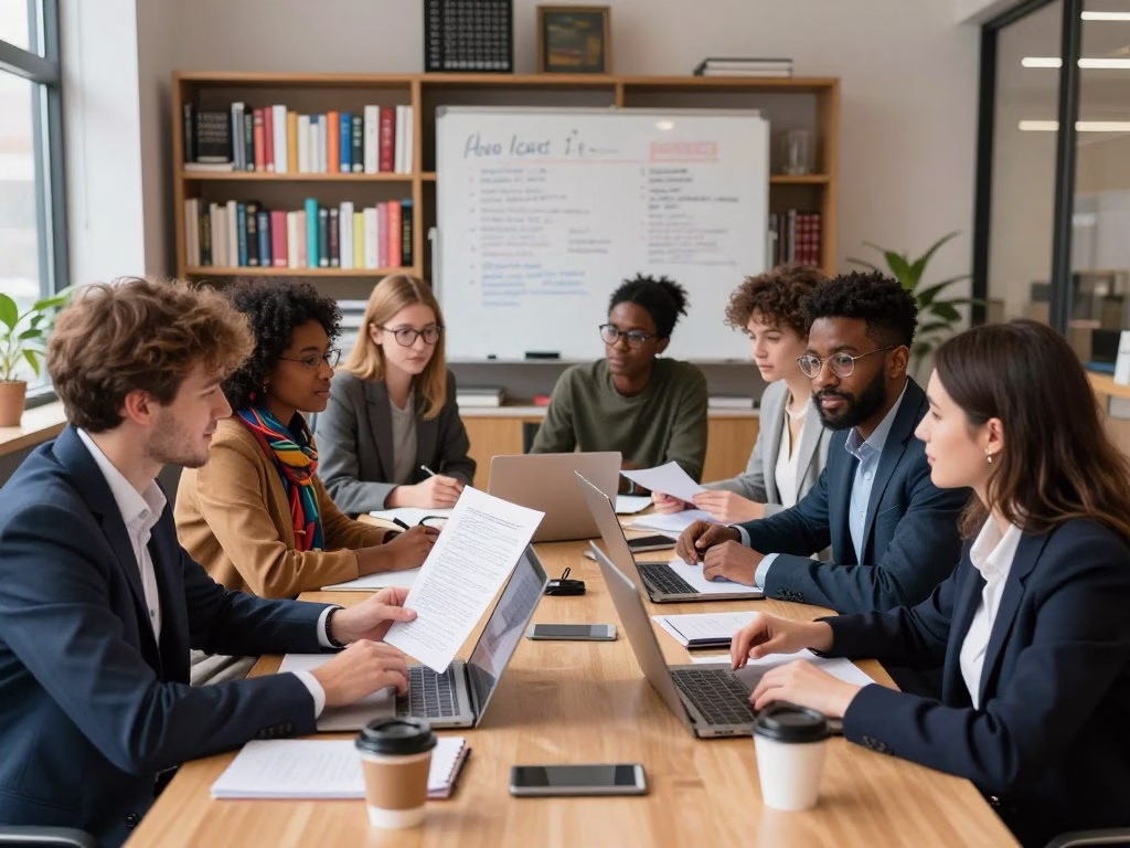 A group of diverse English graduates in a modern publishing office, engaged in discussions around an elegant conference table filled with manuscripts, laptops, and coffee cups. In the foreground, two young professionals, a man in a tailored suit and a woman in a smart blazer, enthusiastically share ideas. In the middle, a diverse group of colleagues—one wearing glasses and another with a colorful scarf—analyze a large printed book and take notes. The background shows bookshelves lined with various books, a stylish whiteboard with notes, and large windows letting in natural light, creating a warm and inviting atmosphere. The scene conveys a mood of collaboration, creativity, and ambition, beautifully lit with soft, diffused lighting emphasizing the professionalism of the publishing industry.