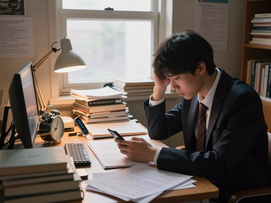 A student sitting at a cluttered desk in a small, cozy room filled with textbooks and study materials. The foreground includes the focused student, a young person in professional business attire, looking stressed as they attempt to concentrate. In the middle, there's a chaotic blend of distractions: a loud clock ticking, a phone buzzing with notifications, and papers scattered around. The background features an open window with bright daylight streaming in, mixing with the dim glow of a desk lamp, creating a warm yet overwhelming atmosphere. The angle captures the scene from a slightly lower perspective, emphasizing the deluge of noise and distractions. The mood is tense, illustrating the struggle to maintain focus amid chaos. A student sitting at a cluttered desk in a small, cozy room filled with textbooks and study materials. The foreground includes the focused student, a young person in professional business attire, looking stressed as they attempt to concentrate. In the middle, there's a chaotic blend of distractions: a loud clock ticking, a phone buzzing with notifications, and papers scattered around. The background features an open window with bright daylight streaming in, mixing with the dim glow of a desk lamp, creating a warm yet overwhelming atmosphere. The angle captures the scene from a slightly lower perspective, emphasizing the deluge of noise and distractions. The mood is tense, illustrating the struggle to maintain focus amid chaos.