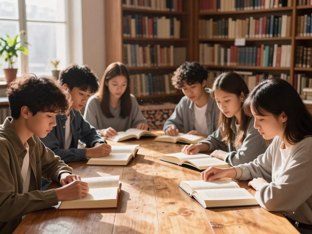 A tranquil library scene focusing on the importance of reading comprehension. In the foreground, a diverse group of students (two males and two females) are engaged with open books on a large wooden table, their expressions showing concentration and curiosity. They wear smart casual clothing, appropriate for a learning environment. In the middle, shelves filled with books create a backdrop that emphasizes knowledge and learning. Soft, warm sunlight filters in through large windows, highlighting the dust particles in the air and creating an inviting atmosphere. The background features an intricate rug and a few potted plants, enhancing the cozy yet scholarly ambiance. The overall mood is one of focus and inspiration, capturing the essential role of reading comprehension in education.