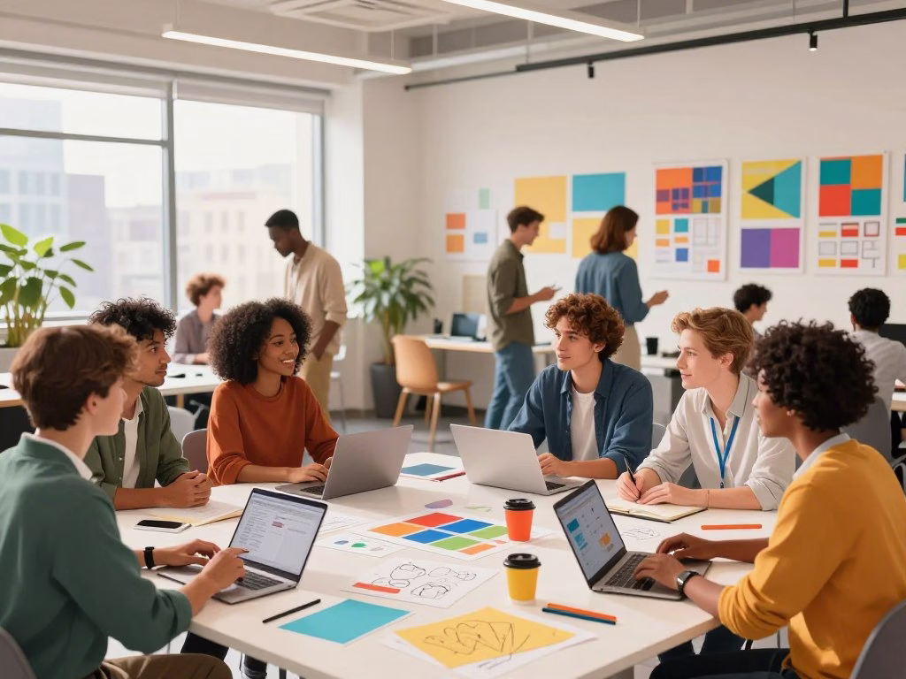 A vibrant illustration showcasing creative industry pathways for English graduates. In the foreground, a diverse group of young professionals, dressed in smart casual clothing, engage in lively discussions around a large table filled with colorful design materials, laptops, and sketches. In the middle ground, a bright, open office environment with creative elements like mood boards and artwork on the walls reflects innovation and collaboration. In the background, large windows allow natural light to flood the space, highlighting the cityscape outside, symbolizing opportunities and growth. The atmosphere is dynamic and inspiring, conveying excitement and creativity in the workplace. Use soft, warm lighting to enhance the feeling of enthusiasm and potential, as if capturing a moment of brainstorming and idea generation.