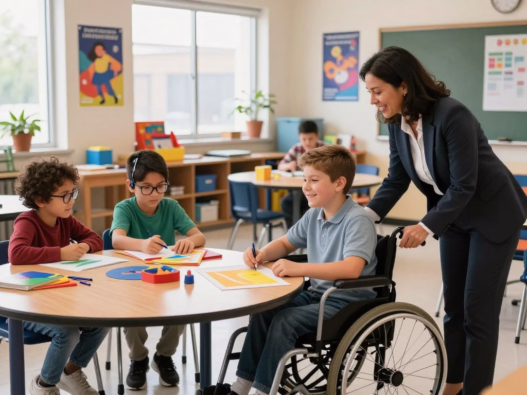 A vibrant, inclusive classroom environment featuring young students with diverse disabilities engaged in collaborative learning activities. In the foreground, a teacher, wearing professional attire, interacts with a student in a wheelchair, who is smiling and participating actively. Nearby, a pair of students, one with glasses and the other with hearing aids, work together on a colorful project at a round table filled with art supplies. The middle ground showcases accessible learning tools, like adapted desks and specialized educational resources. In the background, large windows allow natural light to illuminate the room, with motivational posters on the walls. The atmosphere is warm and supportive, conveying a sense of community and encouragement. The angle captures the dynamic energy of the classroom, emphasizing inclusivity and empowerment. A vibrant, inclusive classroom environment featuring young students with diverse disabilities engaged in collaborative learning activities. In the foreground, a teacher, wearing professional attire, interacts with a student in a wheelchair, who is smiling and participating actively. Nearby, a pair of students, one with glasses and the other with hearing aids, work together on a colorful project at a round table filled with art supplies. The middle ground showcases accessible learning tools, like adapted desks and specialized educational resources. In the background, large windows allow natural light to illuminate the room, with motivational posters on the walls. The atmosphere is warm and supportive, conveying a sense of community and encouragement. The angle captures the dynamic energy of the classroom, emphasizing inclusivity and empowerment.
