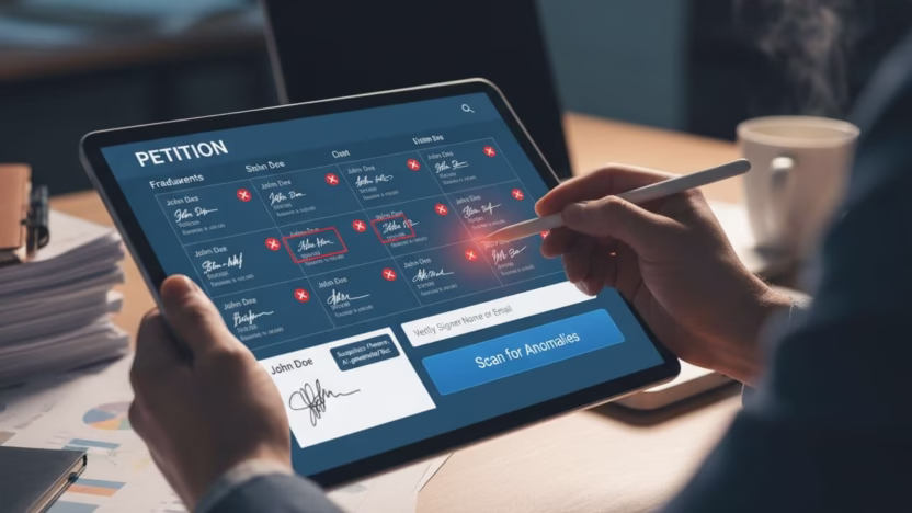 A hyperrealistic photo of a person examining a computer screen displaying an online petition, using tools to verify signatures for authenticity amid viral hype. Professional composition highlights warning signs of fake entries in ultra-detailed 8K quality.