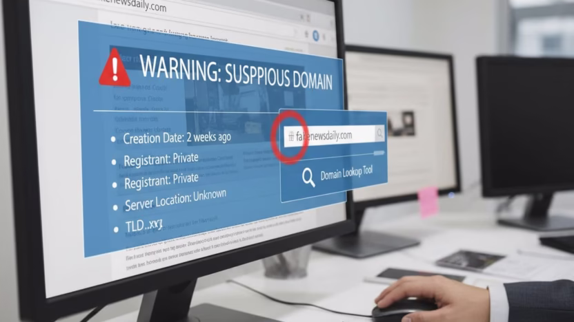 Photo-realistic illustration demonstrating methods to identify fake news websites using domain analysis tools prior to clicking links, in ultra high definition with professional photography quality.