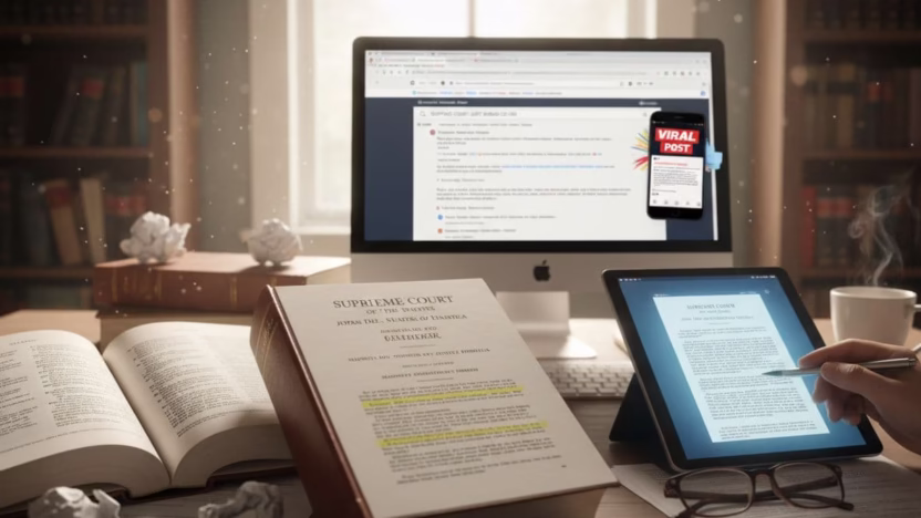 A photo-realistic image depicting how to check if a viral 'Supreme Court Just Ruled' social media post is authentic by finding the official docket, opinion, and syllabus.