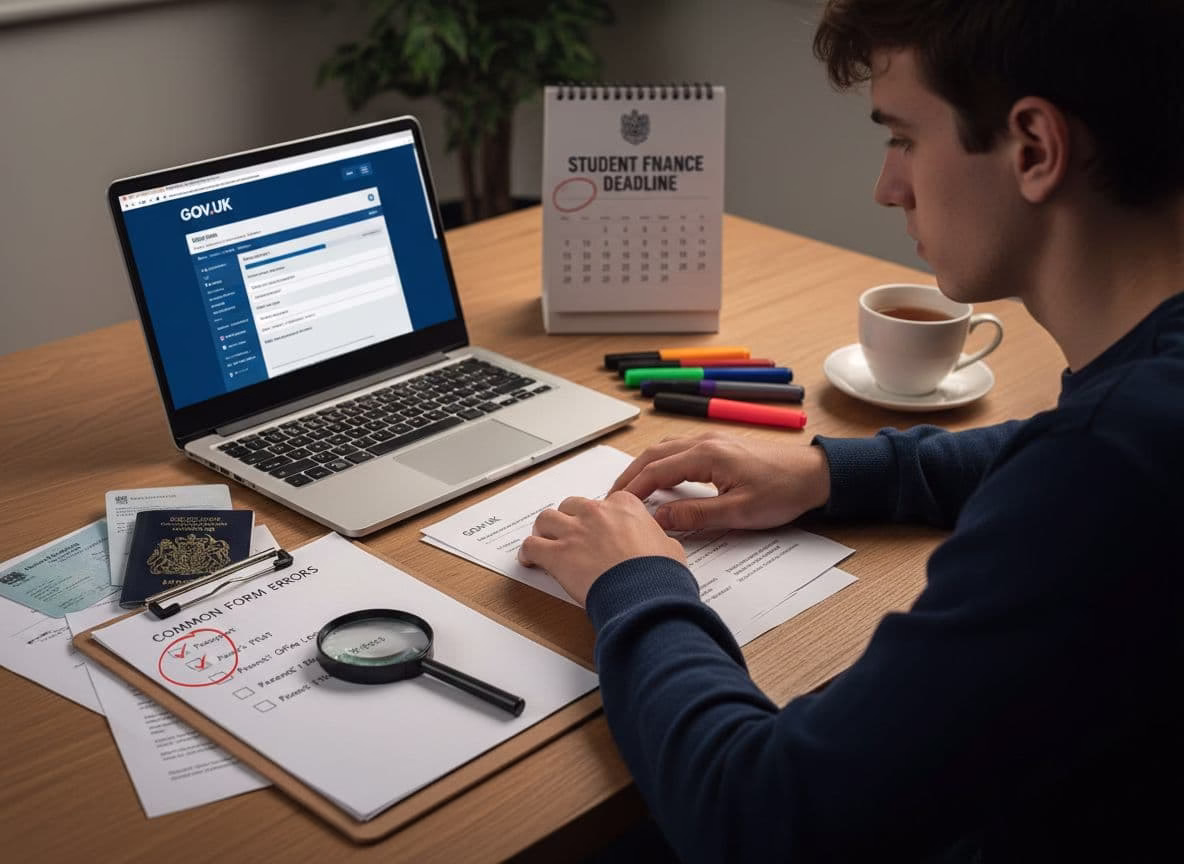 A detailed checklist guiding users through the UK student finance application process, highlighting required evidence, key deadlines, and common form errors to avoid.