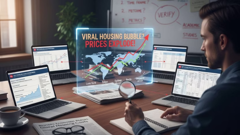 A photo-realistic image showing the verification process of a viral chart on housing prices across cities, including reliable sources and specific time frames. Ultra high definition with professional photography and hyperrealistic details.