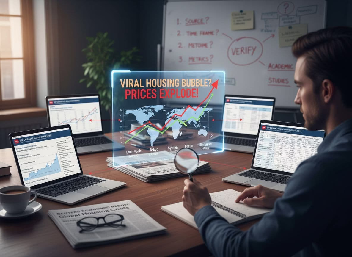 A photo-realistic image showing the verification process of a viral chart on housing prices across cities, including reliable sources and specific time frames. Ultra high definition with professional photography and hyperrealistic details.