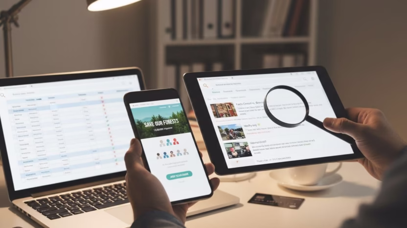 A photo-realistic guide image showing steps to verify the legitimacy of a viral petition website before signing it. Ultra-high definition with professional photography and cinematic lighting.