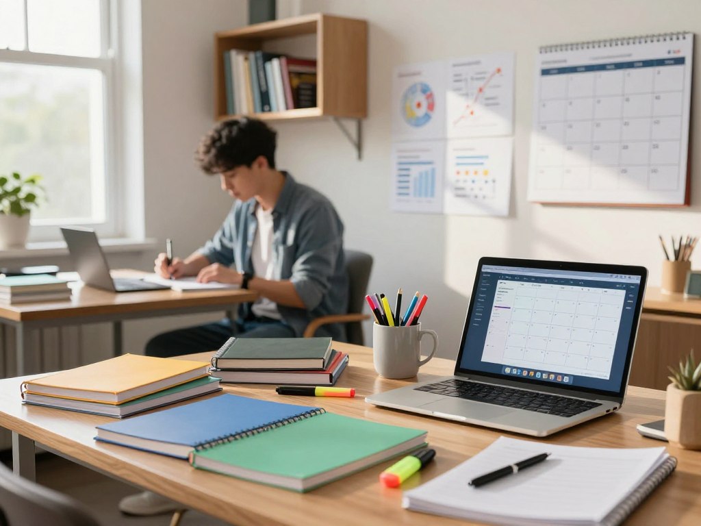 A bright, modern study space filled with university materials for exam revision. In the foreground, a wooden desk cluttered with colorful notebooks, textbooks on STEM subjects, highlighters, and a laptop displaying a digital calendar app. A mug filled with pens sits beside a wall calendar marked with revision deadlines. In the middle ground, a student in casual but professional attire, focused and taking notes, surrounded by charts and graphs on the wall that represent various STEM concepts. The background includes a bookshelf filled with more academic resources and a large window letting in soft, warm natural light, casting gentle shadows. The atmosphere is studious and motivating, embodying the spirit of preparation and organization for university exams.