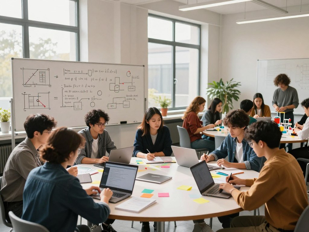A bright, modern university study space showcasing active learning techniques for STEM subjects. In the foreground, diverse students in professional casual attire gather around a large, circular table, collaborating on a project with laptops, notebooks, and colorful sticky notes. In the middle ground, a whiteboard displays diagrams and equations related to science and engineering concepts, while another group of students engages in a hands-on activity with scientific models. The background features tall windows allowing natural light to stream in, illuminating a vibrant atmosphere filled with energy and focus. The scene conveys a sense of camaraderie, intellectual engagement, and dynamic learning, with soft shadows and warm light to enhance the inviting mood.
