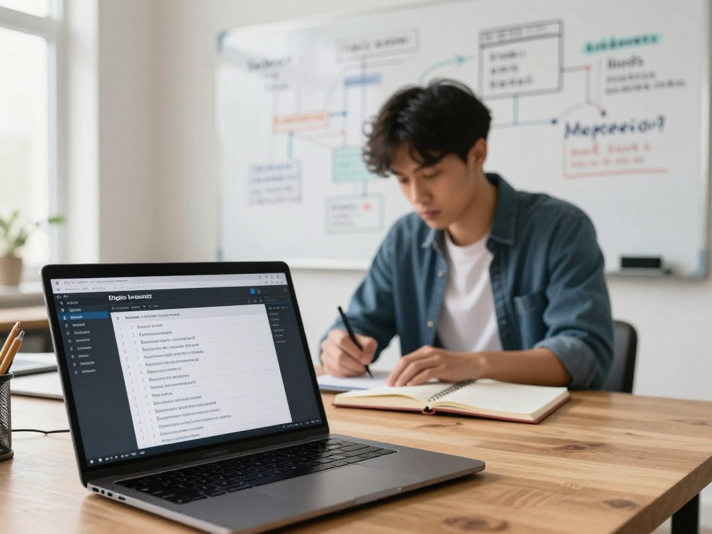 A bright, modern workspace filled with programming tools and resources. In the foreground, a laptop on a wooden desk displays a well-organized digital to-do list with clearly defined programming goals. The middle layer features a focused individual in smart casual attire, taking notes in a notebook, looking determined and engaged. The background shows a whiteboard filled with flowcharts, coding concepts, and motivational quotes, illuminated by soft, natural light streaming in through a window. The atmosphere is one of productivity and inspiration, emphasizing clarity and purpose in setting goals for learning programming. Use a shallow depth of field to draw attention to the individual and the laptop, capturing a sense of focus and intention.