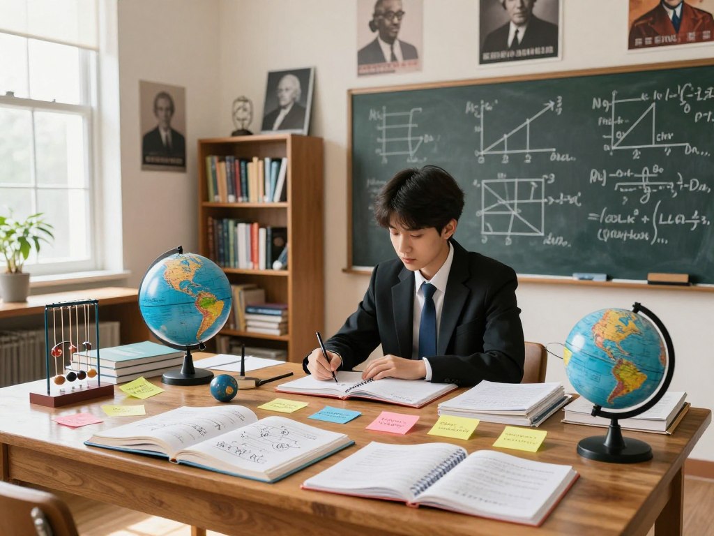 A bright, well-lit study room with a wooden table cluttered with physics textbooks, notebooks filled with diagrams, and colorful sticky notes summarizing concepts. In the foreground, a focused student dressed in professional attire sits at the table, surrounded by various physics objects like pendulums, a globe, and a model of the solar system, illustrating the application of concepts. The middle ground features a chalkboard filled with key diagrams and equations, highlighting the importance of understanding rather than memorization. The background shows shelves lined with additional scientific literature and inspirational posters featuring famous physicists. Soft natural light streams in from a window, creating a warm and inviting atmosphere that encourages deep concentration and curiosity about physics concepts, rather than rote memorization of formulas.