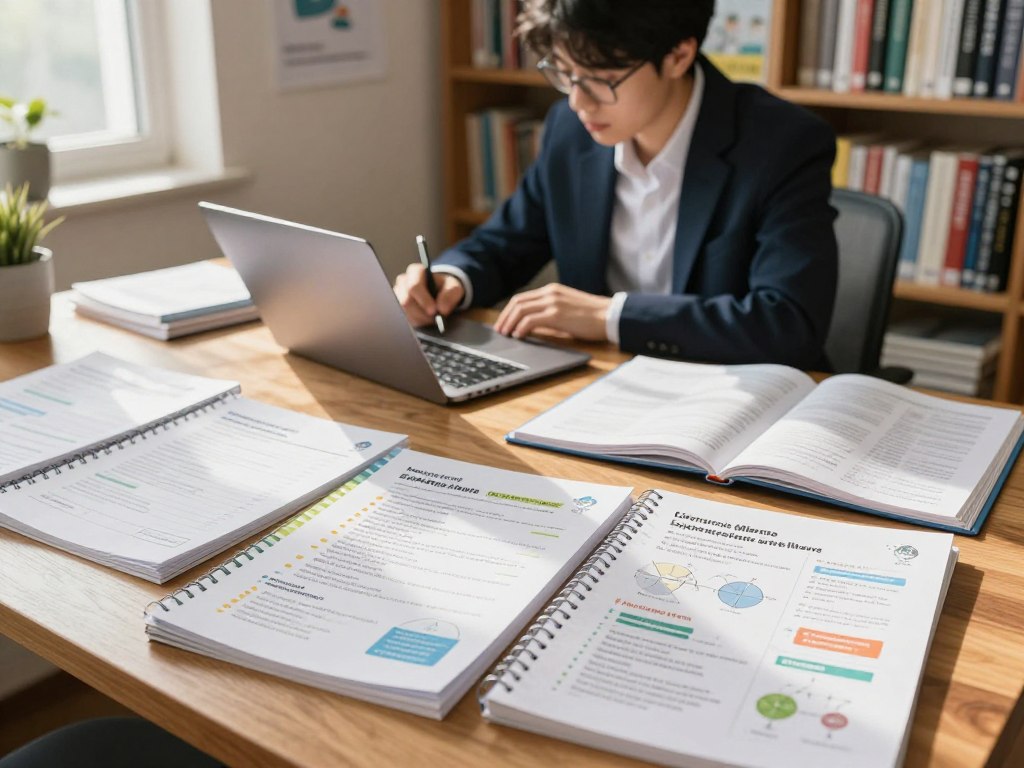 A bright, well-organized study space filled with personalized study guides scattered across a polished wooden desk. In the foreground, a close-up of colorful study guides featuring bullet points, charts, and diagrams, tailored for different subjects like Math, Science, and Literature. In the middle ground, a focused student in professional business attire sits at the desk, engaged and writing notes, with a laptop open beside them. In the background, bookshelves lined with textbooks and educational posters create an inspiring atmosphere. Soft, natural light streams through a window, casting gentle shadows and creating a warm ambiance. The scene conveys a sense of motivation, organization, and transformation in learning, illustrating the power of personalized study materials.