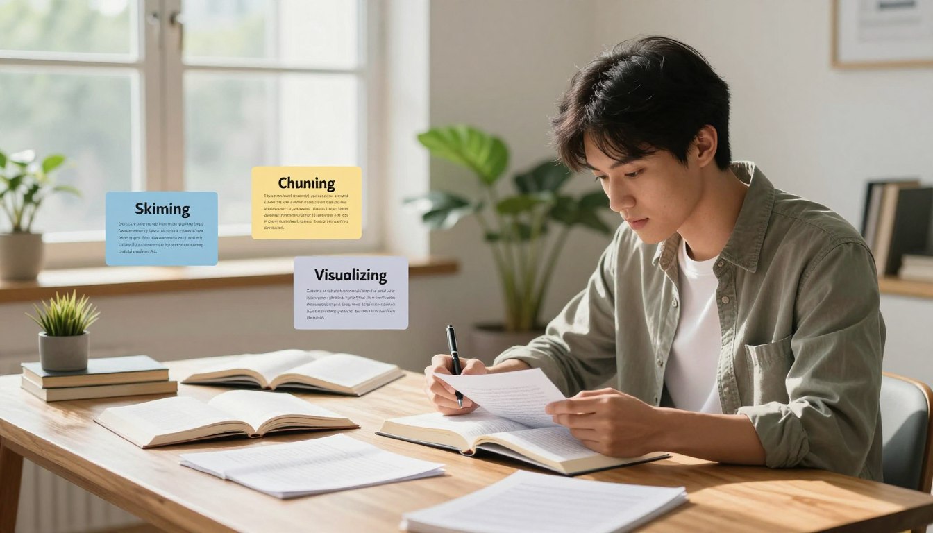 A brightly lit study room, featuring a modern wooden desk cluttered with open books and notes on speed reading techniques. In the foreground, a focused young professional wearing smart casual attire is seated, intently reading, with a pen in hand, jotting down notes. The middle section shows colorful infographics illustrating key speed reading concepts like skimming, chunking, and visualizing text, scattered around the desk. The background displays a large window with soft natural light filtering through, casting gentle shadows, and an indoor plant providing a calming touch. The overall atmosphere is one of productivity and peaceful concentration, inviting viewers to engage with the process of effective reading. A brightly lit study room, featuring a modern wooden desk cluttered with open books and notes on speed reading techniques. In the foreground, a focused young professional wearing smart casual attire is seated, intently reading, with a pen in hand, jotting down notes. The middle section shows colorful infographics illustrating key speed reading concepts like skimming, chunking, and visualizing text, scattered around the desk. The background displays a large window with soft natural light filtering through, casting gentle shadows, and an indoor plant providing a calming touch. The overall atmosphere is one of productivity and peaceful concentration, inviting viewers to engage with the process of effective reading.