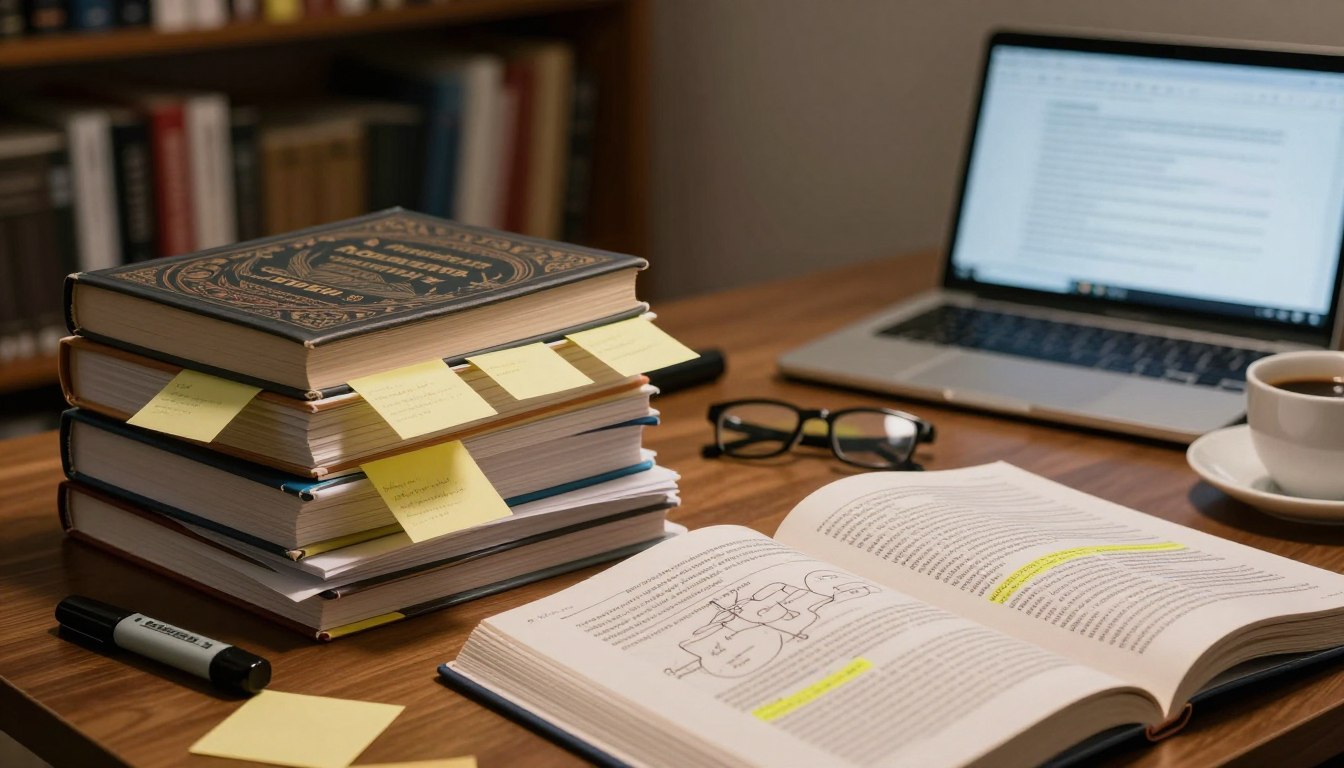 A cluttered desk bathed in warm, soft lighting, showcasing a stack of dense academic texts with intricate covers and numerous sticky notes sticking out, indicating extensive study. In the foreground, an open book reveals complex diagrams and highlighted passages, hinting at a deep exploration of challenging theories. In the middle ground, study tools like highlighters, glasses, and a laptop display a scholarly atmosphere, with a cup of coffee suggesting late-night studying. In the background, a dimly lit bookshelf filled with various academic works looms, creating a sense of depth and the weight of knowledge. The overall mood is focused yet slightly overwhelming, encapsulating the challenge of tackling dense academic material in a limited timeframe. The image should project professionalism, ideal for an academic context. A cluttered desk bathed in warm, soft lighting, showcasing a stack of dense academic texts with intricate covers and numerous sticky notes sticking out, indicating extensive study. In the foreground, an open book reveals complex diagrams and highlighted passages, hinting at a deep exploration of challenging theories. In the middle ground, study tools like highlighters, glasses, and a laptop display a scholarly atmosphere, with a cup of coffee suggesting late-night studying. In the background, a dimly lit bookshelf filled with various academic works looms, creating a sense of depth and the weight of knowledge. The overall mood is focused yet slightly overwhelming, encapsulating the challenge of tackling dense academic material in a limited timeframe. The image should project professionalism, ideal for an academic context.