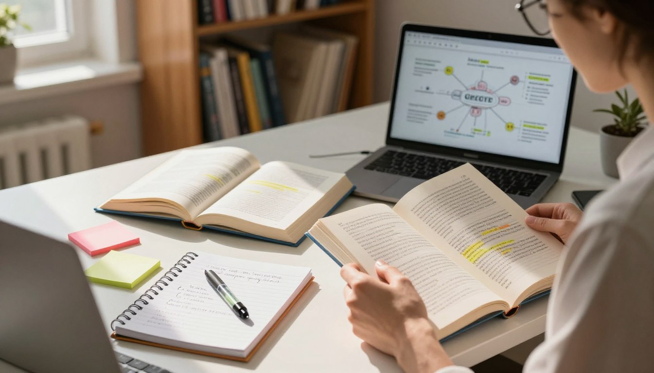 A cozy study environment showcasing various active reading strategies. In the foreground, a person in business casual attire is seated at a desk, deeply engaged in reading a book, surrounded by colorful sticky notes and highlighters. They are making notes on a notepad to capture important ideas. In the middle ground, an open textbook features highlighted passages and annotated margins, while a laptop displays a digital mind map. The background contains a bookshelf filled with diverse educational materials, and a window allows natural sunlight to stream in, creating a warm, inviting atmosphere. The overall mood is focused and productive, emphasizing the importance of effective reading strategies for comprehension. The image should convey clarity and inspiration, with soft, warm lighting casting gentle shadows. A cozy study environment showcasing various active reading strategies. In the foreground, a person in business casual attire is seated at a desk, deeply engaged in reading a book, surrounded by colorful sticky notes and highlighters. They are making notes on a notepad to capture important ideas. In the middle ground, an open textbook features highlighted passages and annotated margins, while a laptop displays a digital mind map. The background contains a bookshelf filled with diverse educational materials, and a window allows natural sunlight to stream in, creating a warm, inviting atmosphere. The overall mood is focused and productive, emphasizing the importance of effective reading strategies for comprehension. The image should convey clarity and inspiration, with soft, warm lighting casting gentle shadows.
