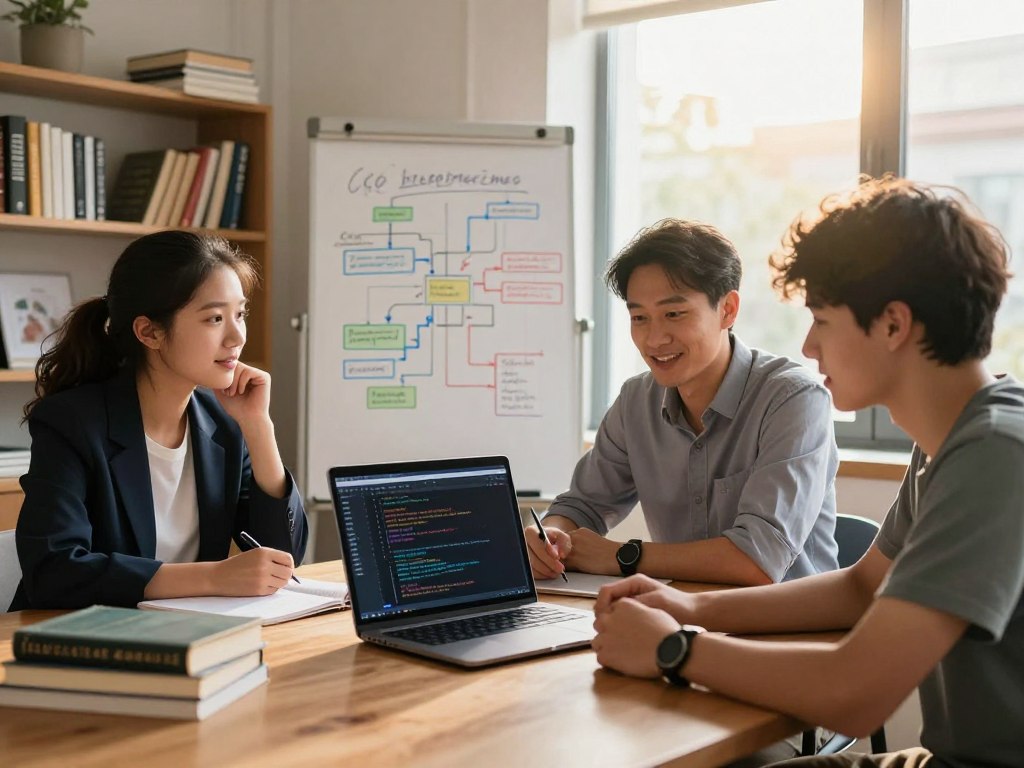 A cozy, well-lit workspace filled with various programming books and a sleek laptop displaying code on the screen. In the foreground, a diverse group of three absolute beginners, a young woman in a professional blazer, a middle-aged man in a business-casual shirt, and a teenager in a modest t-shirt, are seated around a wooden table, engaged in discussion and looking at the laptop. In the middle, a whiteboard is filled with colorful diagrams and flowcharts explaining programming concepts. The background features a window with warm sunlight streaming in, casting a soft glow throughout the room. The atmosphere is inviting and encouraging, emphasizing collaboration and learning in a friendly environment, with a shallow depth of field focusing on the learners' expressions of curiosity and excitement.