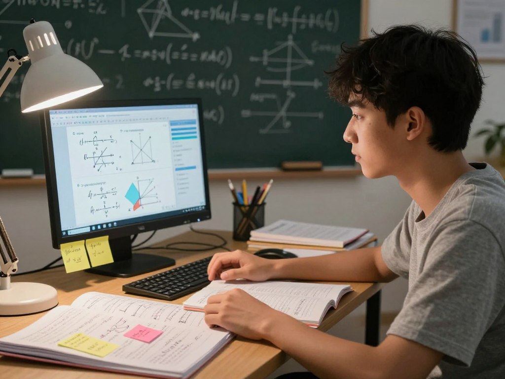 A dedicated student sits at a desk, surrounded by open math textbooks, notebooks filled with formulas, and colorful sticky notes organized in a study plan. The foreground highlights the student deep in concentration, wearing modest casual clothing, with an expression of determination. The middle section shows a computer screen displaying interactive math tools, graphs, and visual aids that make complicated concepts clearer. In the background, a chalkboard is filled with neatly written equations and diagrams, conveying the learning atmosphere. Soft, warm lighting illuminates the scene from a desk lamp, creating a cozy study environment. The angle provides a close-up view, emphasizing focus and engagement, while the overall mood is supportive and encouraging, illustrating the journey of understanding complex math concepts.