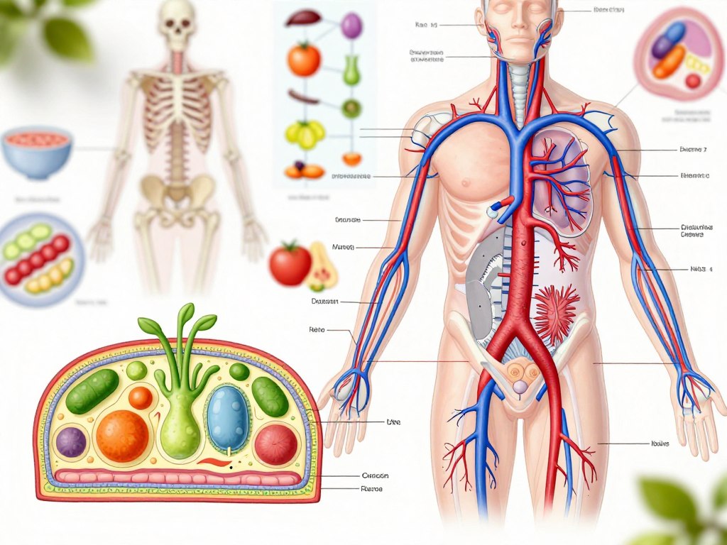 A detailed, educational biological diagram featuring various life forms and systems, artfully divided into sections. In the foreground, a clear, labeled diagram of a plant cell, showcasing organelles like chloroplasts, the nucleus, and cell wall, meticulously detailed and color-coded for clarity. In the middle ground, an intricate diagram of the human circulatory system, highlighting arteries and veins in a rich red and blue hue, anatomically correct and well-organized. The background features softly blurred outlines of additional biological diagrams, such as the human skeletal structure and a simple food web, creating a tapestry of knowledge. Bright, natural lighting illuminates the diagrams, enhancing their vivid colors and fine details, conveying a mood of enlightenment and curiosity, perfect for a study environment.