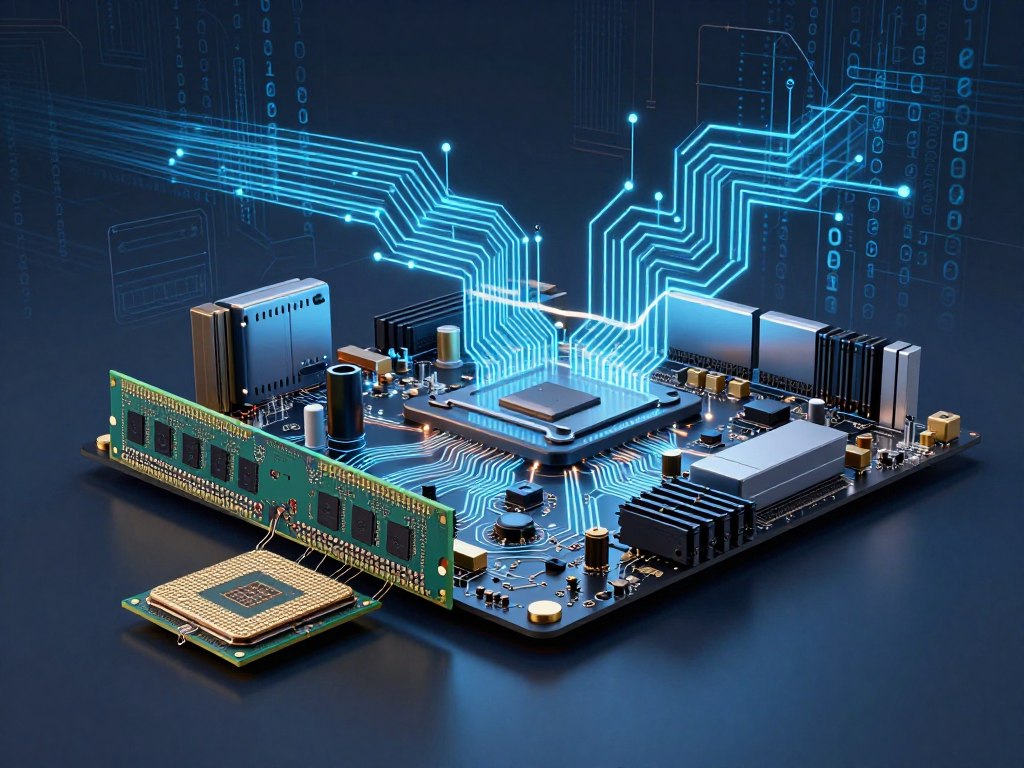 A detailed illustration of computer architecture fundamentals, featuring a layered representation of a computer system. In the foreground, a 3D model of a CPU and RAM, with labeled components showcasing their interconnections. In the middle, a motherboard with clear circuitry and pathways illuminated by soft LEDs, creating a sleek, modern vibe. The background features a digital representation of data flow and processing, represented by animated binary code streams and circuit board designs. The lighting is focused on the computer components, casting gentle shadows to enhance depth. The mood is educational and inspiring, conveying the complexity and elegance of computer architecture. Use a wide-angle lens perspective to capture the intricacies of each element, ensuring clarity and focus on technical details. A detailed illustration of computer architecture fundamentals, featuring a layered representation of a computer system. In the foreground, a 3D model of a CPU and RAM, with labeled components showcasing their interconnections. In the middle, a motherboard with clear circuitry and pathways illuminated by soft LEDs, creating a sleek, modern vibe. The background features a digital representation of data flow and processing, represented by animated binary code streams and circuit board designs. The lighting is focused on the computer components, casting gentle shadows to enhance depth. The mood is educational and inspiring, conveying the complexity and elegance of computer architecture. Use a wide-angle lens perspective to capture the intricacies of each element, ensuring clarity and focus on technical details.