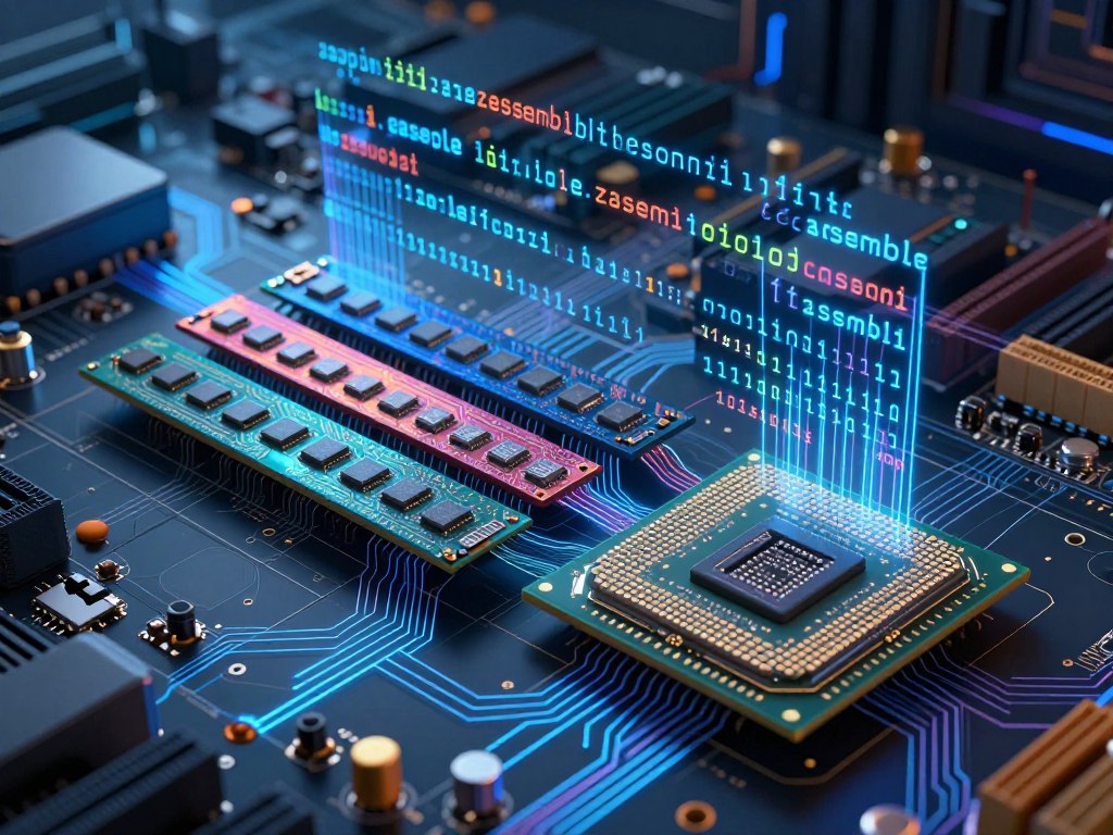 A detailed illustration of computer architecture, showcasing a cross-section view of a computer system integrating high-level programming and low-level assembly language concepts. In the foreground, a sleek, modern CPU connected to intricate circuit rows populated with various components like RAM and cache, all depicted in vivid metallic colors. The middle ground features a visual representation of assembly language codes flowing into the system, symbolizing a transition from high-level abstractions to binary operations. In the background, a faint outline of a computer motherboard with glowing pathways representing data flow runs throughout the image. Use dramatic lighting to highlight the complexity of hardware, creating a professional and tech-centric atmosphere, shot at a dynamic angle to emphasize depth and innovation in computer architecture. A detailed illustration of computer architecture, showcasing a cross-section view of a computer system integrating high-level programming and low-level assembly language concepts. In the foreground, a sleek, modern CPU connected to intricate circuit rows populated with various components like RAM and cache, all depicted in vivid metallic colors. The middle ground features a visual representation of assembly language codes flowing into the system, symbolizing a transition from high-level abstractions to binary operations. In the background, a faint outline of a computer motherboard with glowing pathways representing data flow runs throughout the image. Use dramatic lighting to highlight the complexity of hardware, creating a professional and tech-centric atmosphere, shot at a dynamic angle to emphasize depth and innovation in computer architecture.