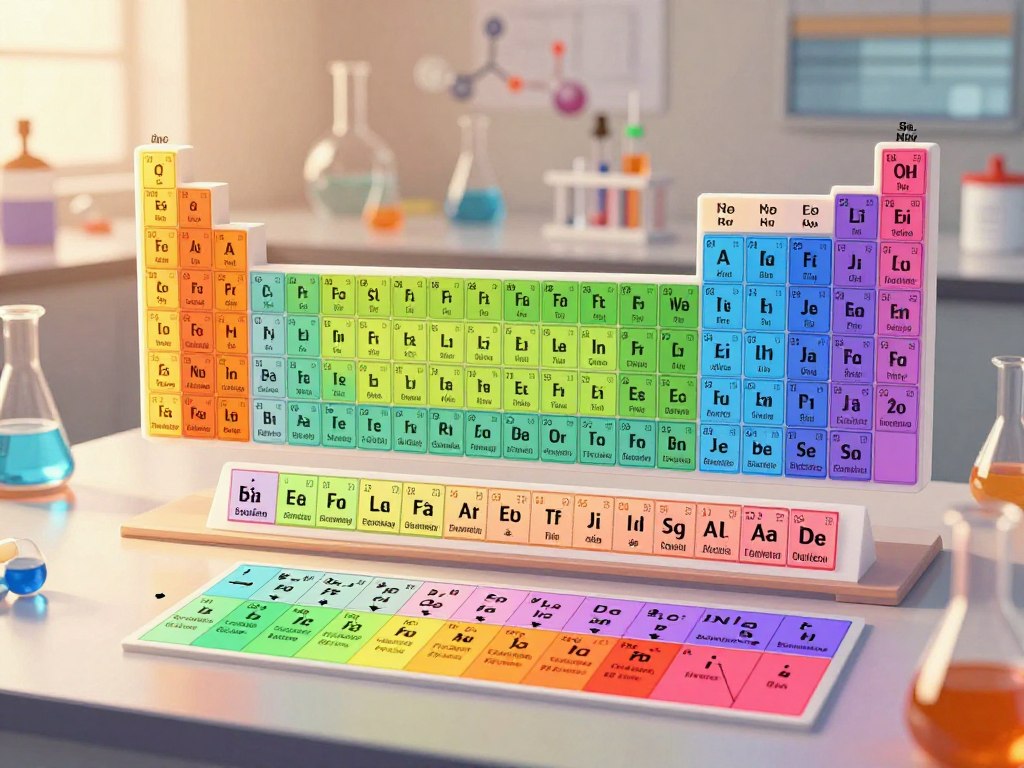 A detailed illustration of the periodic table focusing on trends in element properties such as electronegativity, atomic radius, and ionization energy. The foreground features color-coded sections highlighting these trends, with arrows indicating directionality. In the middle, a three-dimensional periodic table, beautifully lit to emphasize the elements' atomic numbers and symbols, showcases varying colors that represent different categories: metals, nonmetals, and metalloids. The background has a soft-focus laboratory setting with beakers and chemical structures, enhancing the educational atmosphere. The lighting is warm and inviting, casting gentle shadows for depth. The overall mood is analytical and inspiring, aiming to engage students in their chemistry studies.