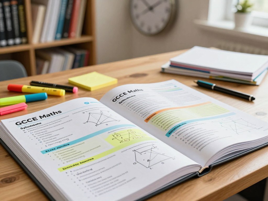 A detailed, organized view of the GCSE Maths syllabus, presented in a visually appealing layout. In the foreground, a large, open binder filled with colorful syllabus pages showing various math topics like algebra, geometry, and statistics, with some pages folded over or highlighted. The middle ground features a wooden desk cluttered with stationery, including highlighters and notepads. In the background, a warm, softly lit study room with shelves of math textbooks and a large wall clock. The atmosphere feels focused and academic, with a slight hint of inspiration. The lighting is bright but soft, creating an inviting study space that encourages learning and preparation. The angle is slightly from above, providing a comprehensive view of the syllabus and study materials.