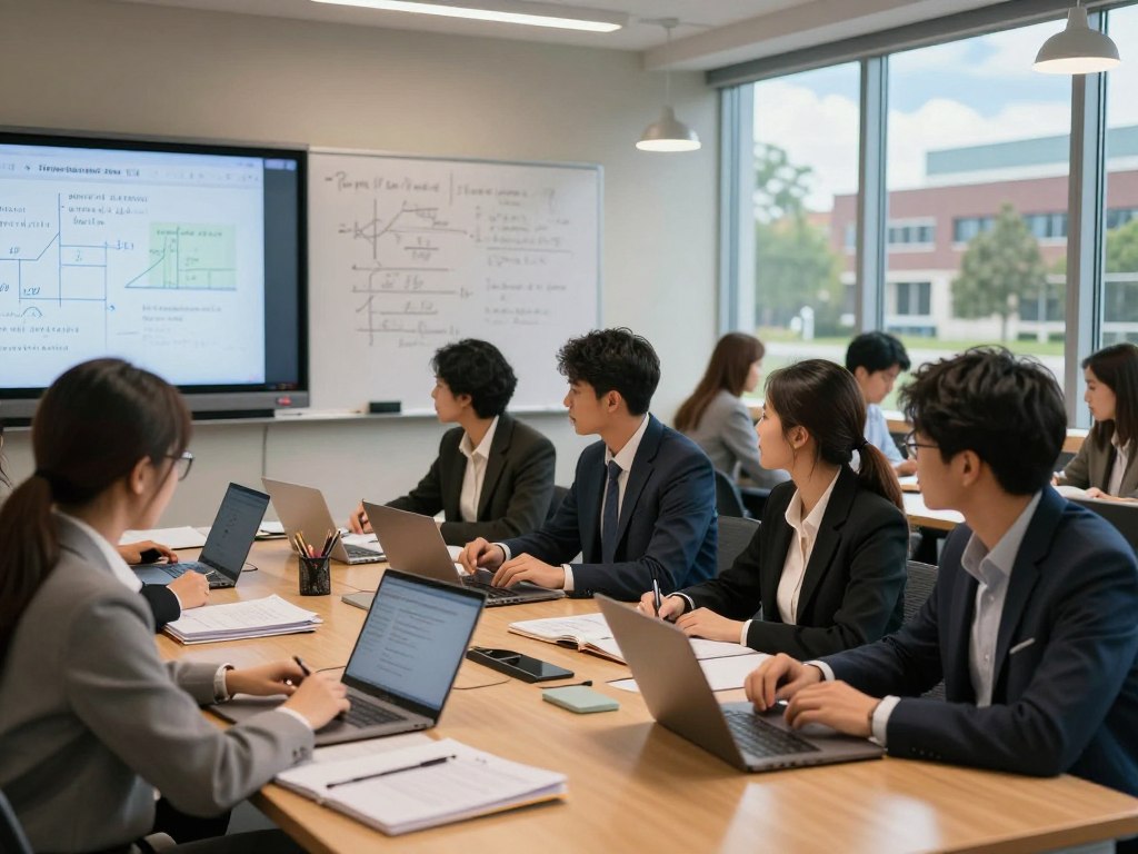 A dynamic study scene in a bright, modern university study room. In the foreground, a diverse group of students engaged in problem-based practice, wearing professional business attire and focused on complex STEM problems presented on large screens and whiteboards. In the middle, notes, textbooks, and laptops are scattered across a polished wooden table, illustrating a collaborative effort. The background features large windows allowing natural light to fill the room, showcasing a campus view with trees and blue sky. The atmosphere is one of concentration and teamwork, with a warm, inviting glow from desk lamps contrasting with the daylight. Use a shallow depth of field to emphasize the students while softly blurring the background. The scene captures the essence of collaboration in STEM study.