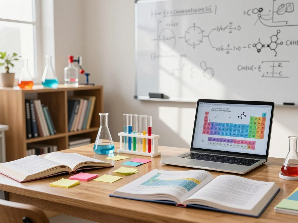 A dynamic study space showcasing essential chemistry learning tools. Foreground: a wooden desk cluttered with colorful sticky notes, textbooks opened to the periodic table, and a laptop displaying molecular structures. Middle ground: a well-organized bookshelf filled with chemistry reference books and lab equipment like beakers and test tubes. Background: a large whiteboard filled with formulas and diagrams, soft natural light streaming through a window, creating a warm, inviting atmosphere. Capture the essence of focused study and curiosity, with a sense of motivation. The scene should have a clear depth of field to emphasize the desk, while softly blurring the background, inviting viewers into a world of chemistry exploration.