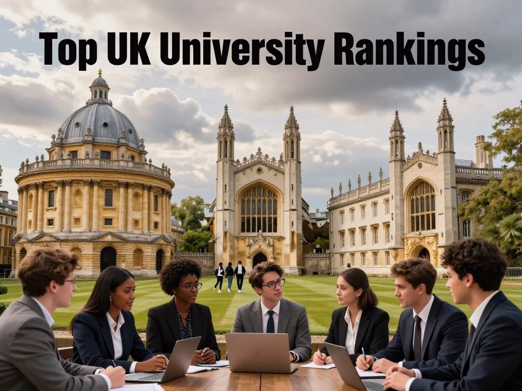 A dynamic visual representation of the top UK university rankings, featuring a collage of renowned university buildings like the University of Oxford, University of Cambridge, and Imperial College London. In the foreground, depict a diverse group of students, dressed in professional business attire, engaged in discussion and collaboration, symbolizing academic excellence. In the middle, include iconic architecture showcasing university landmarks, embellished with greenery and students walking on the campus. The background should have a serene, cloudy sky with soft, diffused lighting to evoke a sense of aspiration and focus. The overall atmosphere should feel motivational and scholarly, conveying a sense of purpose and achievement in education.
