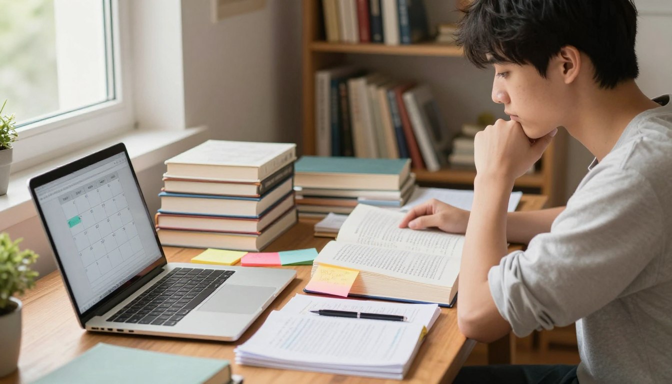 A focused student in a cozy, well-lit study room, sitting at a wooden desk cluttered with books and notes, deep in thought as they assess their reading load. The foreground features an open laptop with a digital calendar displaying deadlines, surrounded by colorful sticky notes prioritizing tasks. In the middle, stacks of textbooks and academic articles tower, some partially open, emphasizing the workload. The background showcases a large window allowing sunlight to filter in, illuminating the room with a warm glow, while a comfortable bookshelf filled with various literary classics serves as a backdrop. The mood is one of determination and strategic planning, capturing the essence of mastering challenging material with limited time. Use a soft focus lens to enhance the cozy atmosphere. A focused student in a cozy, well-lit study room, sitting at a wooden desk cluttered with books and notes, deep in thought as they assess their reading load. The foreground features an open laptop with a digital calendar displaying deadlines, surrounded by colorful sticky notes prioritizing tasks. In the middle, stacks of textbooks and academic articles tower, some partially open, emphasizing the workload. The background showcases a large window allowing sunlight to filter in, illuminating the room with a warm glow, while a comfortable bookshelf filled with various literary classics serves as a backdrop. The mood is one of determination and strategic planning, capturing the essence of mastering challenging material with limited time. Use a soft focus lens to enhance the cozy atmosphere.