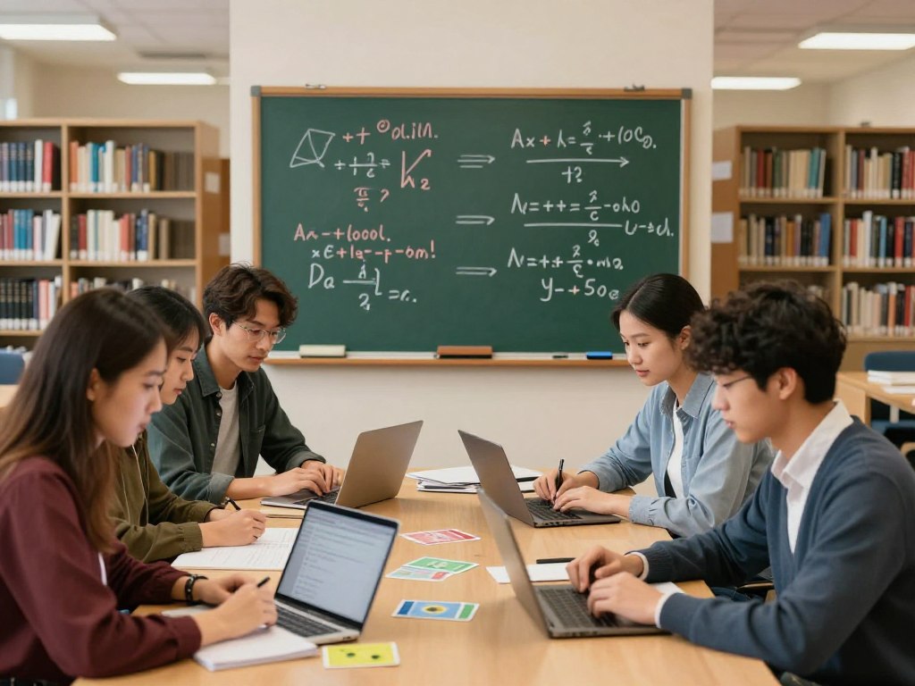 A modern study environment focused on spaced repetition for STEM subjects. In the foreground, a diverse group of university students, dressed in professional casual attire, are engaged in studying various subjects, like mathematics and biology, with flashcards and digital devices. In the middle, a chalkboard filled with colorful diagrams and equations representing key concepts and spaced repetition techniques. The background shows a well-lit library with shelves filled with textbooks and study materials, creating an atmosphere of concentration and knowledge. Soft, warm lighting enhances the inviting ambiance, while a slight depth of field emphasizes the students’ engagement in their studies. A sense of motivation and intellectual growth pervades the scene.