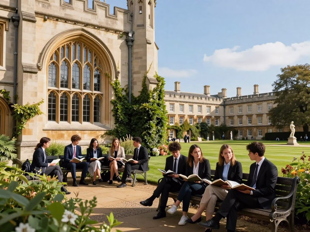A picturesque scene showcasing the iconic architecture of top overseas universities, featuring a majestic Gothic-style building in the foreground with large arched windows and ivy climbing its walls. In the middle ground, students in professional business attire are engaged in thoughtful discussions, some reading books on benches surrounded by lush greenery. The background reveals a tranquil campus landscape with manicured lawns and classical sculptures under a clear blue sky. The sunlight casts soft, warm rays, creating an inviting atmosphere. The image captures a sense of academic excellence and opportunity, inviting viewers to imagine a vibrant scholarly environment, ideal for studying abroad. A picturesque scene showcasing the iconic architecture of top overseas universities, featuring a majestic Gothic-style building in the foreground with large arched windows and ivy climbing its walls. In the middle ground, students in professional business attire are engaged in thoughtful discussions, some reading books on benches surrounded by lush greenery. The background reveals a tranquil campus landscape with manicured lawns and classical sculptures under a clear blue sky. The sunlight casts soft, warm rays, creating an inviting atmosphere. The image captures a sense of academic excellence and opportunity, inviting viewers to imagine a vibrant scholarly environment, ideal for studying abroad.