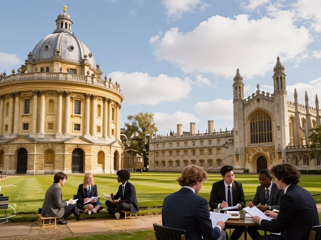 A picturesque view of several prestigious UK university campuses, featuring iconic architecture such as the University of Oxford's Radcliffe Camera and the University of Cambridge's King's College Chapel. In the foreground, students of diverse backgrounds engage in academic discussions and collaborate on projects, dressed in professional business attire. The middle ground showcases lush green lawns and historic buildings bathed in warm sunlight. The background includes trees and a clear blue sky with fluffy white clouds, creating a serene and inspiring atmosphere. Use a wide-angle lens to capture the grandeur of the campuses, with soft, natural lighting to evoke a sense of hope and ambition. The overall mood is one of academic excellence and opportunity.