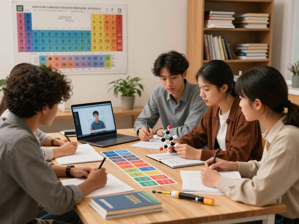 A serene study environment featuring a well-organized desk with chemistry textbooks, colorful flashcards, and a visible periodic table on the wall. In the foreground, a diverse group of students, dressed in smart casual clothing, are collaboratively discussing and reviewing study materials, with one holding a molecular model. The middle ground showcases an open laptop displaying a video lecture, while a potted plant adds a touch of nature. The background should include a bookshelf filled with academic journals and notes, emphasizing a cozy and focused atmosphere. Soft, warm lighting creates a comfortable feel, while a shallow depth of field draws attention to the students as they engage in effective chemistry study techniques.