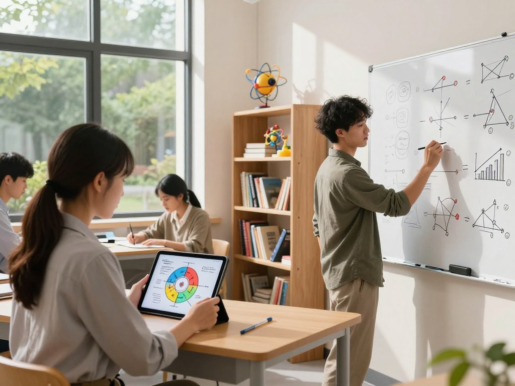 A serene study environment showcasing a diverse group of students engaged in visual learning techniques for physics. In the foreground, a young woman in professional casual attire uses a colorful diagram of Newton's laws on a tablet, while a young man nearby sketches a physics concept on a whiteboard filled with illustrations of forces and motion. In the middle, shelves lined with physics books, models of atoms, and intricate diagrams create a vibrant study atmosphere. In the background, large windows let in natural light, casting soft shadows, with a lush outdoor view adding a sense of tranquility. The overall mood is focused and collaborative, emphasizing creativity in learning abstract concepts through visuals. The setting is bright and inviting, encouraging an engaging study experience.