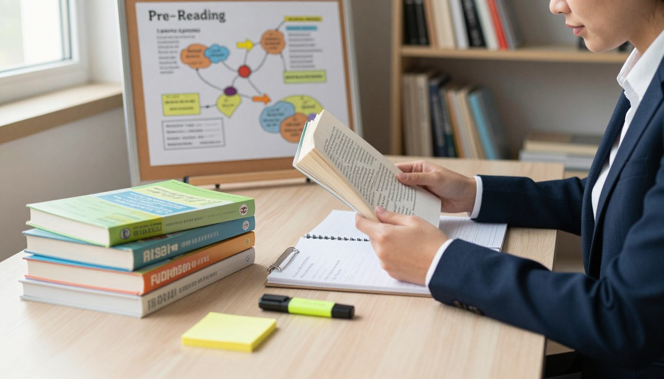 A serene study environment showcasing effective reading strategies. In the foreground, a well-organized desk with a stack of colorful textbooks, a highlighter, and sticky notes. A person in professional attire is sitting at the desk, intently examining a book, using a notepad to jot down essential ideas. In the middle ground, a bulletin board filled with diagrams and mind maps illustrating pre-reading techniques, such as skimming and scanning. The background features shelves lined with books and a window allowing warm, natural light to flood the room. The atmosphere is focused and productive, conveying a sense of intention and preparation for mastering reading-heavy subjects. The angle captures both the person and their reading materials, emphasizing the act of strategic studying. A serene study environment showcasing effective reading strategies. In the foreground, a well-organized desk with a stack of colorful textbooks, a highlighter, and sticky notes. A person in professional attire is sitting at the desk, intently examining a book, using a notepad to jot down essential ideas. In the middle ground, a bulletin board filled with diagrams and mind maps illustrating pre-reading techniques, such as skimming and scanning. The background features shelves lined with books and a window allowing warm, natural light to flood the room. The atmosphere is focused and productive, conveying a sense of intention and preparation for mastering reading-heavy subjects. The angle captures both the person and their reading materials, emphasizing the act of strategic studying.