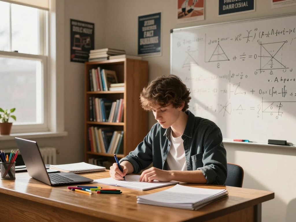 A serene study room filled with warm sunlight streaming through a large window. In the foreground, a confident young student, dressed in smart casual attire, is intently working on a math problem at a wooden desk cluttered with notebooks, colorful pens, and a laptop. Beside them, a whiteboard covered in complex equations and geometric shapes, showcasing the intricacies of mathematics. In the middle ground, a bookshelf filled with math textbooks and reference materials provides a sense of knowledge and resourcefulness. The background features a wall adorned with motivational posters about learning and perseverance. The overall mood is one of focus and determination, with soft, inviting lighting highlighting the student's concentration and the beauty of mathematical concepts.