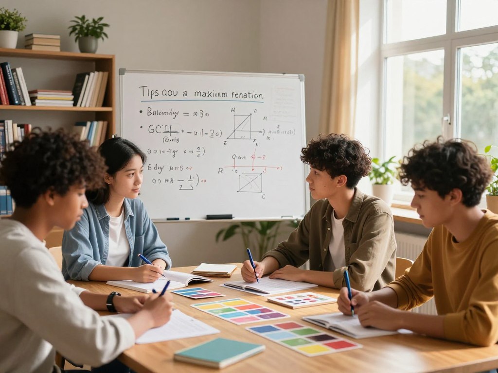 A student studying GCSE math revision techniques in a cozy, well-lit study space. In the foreground, a diverse group of three students, dressed in modest casual clothing, engages with colorful flashcards and notes spread across a wooden table. In the middle ground, a whiteboard filled with mathematical formulas and diagrams is visible, showcasing tips for maximum retention, arranged neatly with vibrant markers. The background features a bookshelf filled with educational resources, plants, and a large window letting in warm, natural light that casts soft shadows, creating an inviting atmosphere. The mood is focused and collaborative, emphasizing an effective study environment for retaining mathematical concepts.