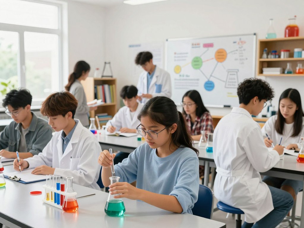 A vibrant high school science classroom filled with diverse students engaged in active learning. In the foreground, a focused teenage girl with glasses, wearing modest casual clothing, is conducting an experiment with colorful liquids in glass beakers. Next to her, a boy with short hair and a lab coat carefully takes notes on a clipboard. In the middle, a large whiteboard displays colorful diagrams of the scientific method and fundamental concepts, while shelves filled with science textbooks and lab equipment line the walls. In the background, large windows let in natural light, creating a bright and encouraging atmosphere. The room is lively and energetic, reflecting a positive learning environment. Use a bright, clear lens to capture the details and convey a sense of enthusiasm and collaboration among students. A vibrant high school science classroom filled with diverse students engaged in active learning. In the foreground, a focused teenage girl with glasses, wearing modest casual clothing, is conducting an experiment with colorful liquids in glass beakers. Next to her, a boy with short hair and a lab coat carefully takes notes on a clipboard. In the middle, a large whiteboard displays colorful diagrams of the scientific method and fundamental concepts, while shelves filled with science textbooks and lab equipment line the walls. In the background, large windows let in natural light, creating a bright and encouraging atmosphere. The room is lively and energetic, reflecting a positive learning environment. Use a bright, clear lens to capture the details and convey a sense of enthusiasm and collaboration among students.