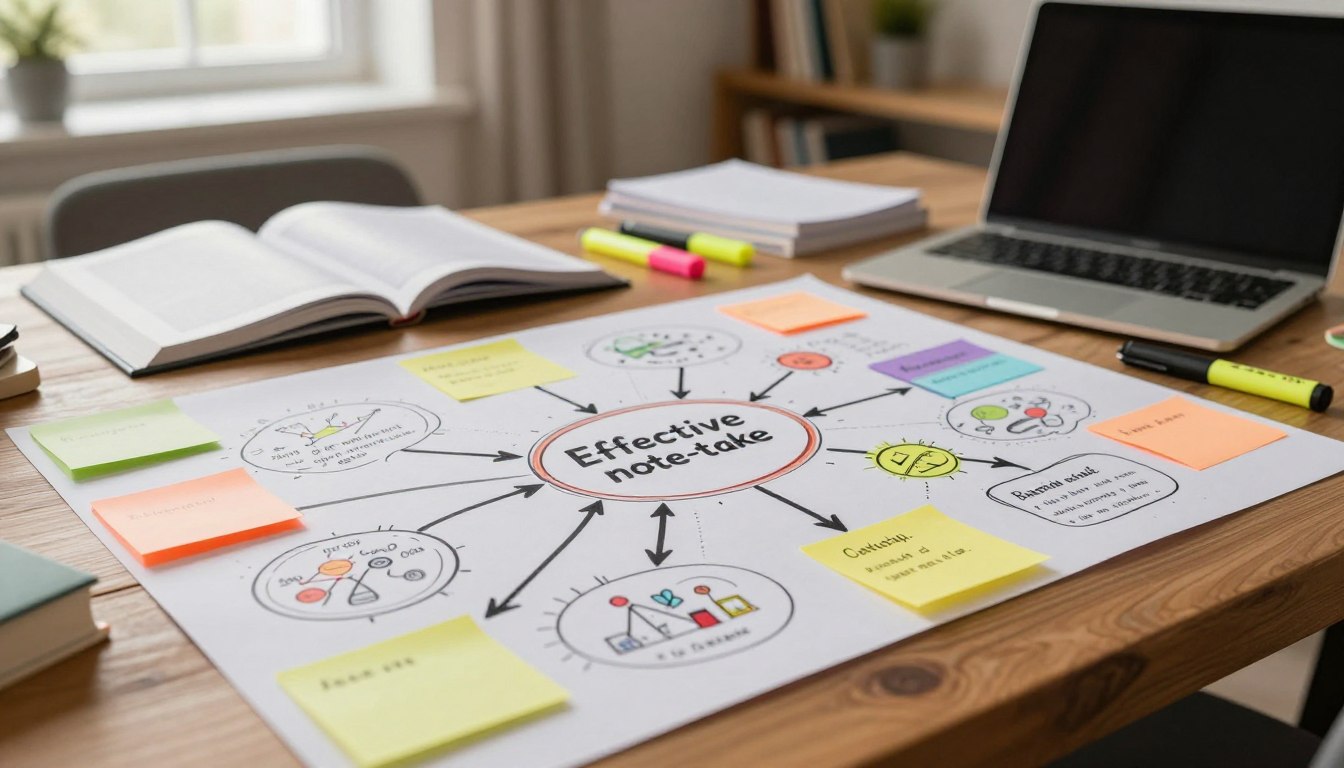 A vibrant mind map spread across a large wooden table, illustrating interconnected complex concepts related to effective note-taking. The foreground features colorful sticky notes, diagrams, and sketches organized around a central idea, with arrows connecting various branches. In the middle ground, a few open textbooks, highlighters, and a laptop reflect a study environment. The background reveals a cozy study room with warm lighting filtering through a window, creating an inviting atmosphere. The overall mood is focused and productive, suggesting a collaborative effort in mastering challenging material. Use a shallow depth of field to emphasize the mind map, with soft shadows adding depth and dimension to the scene. A vibrant mind map spread across a large wooden table, illustrating interconnected complex concepts related to effective note-taking. The foreground features colorful sticky notes, diagrams, and sketches organized around a central idea, with arrows connecting various branches. In the middle ground, a few open textbooks, highlighters, and a laptop reflect a study environment. The background reveals a cozy study room with warm lighting filtering through a window, creating an inviting atmosphere. The overall mood is focused and productive, suggesting a collaborative effort in mastering challenging material. Use a shallow depth of field to emphasize the mind map, with soft shadows adding depth and dimension to the scene.