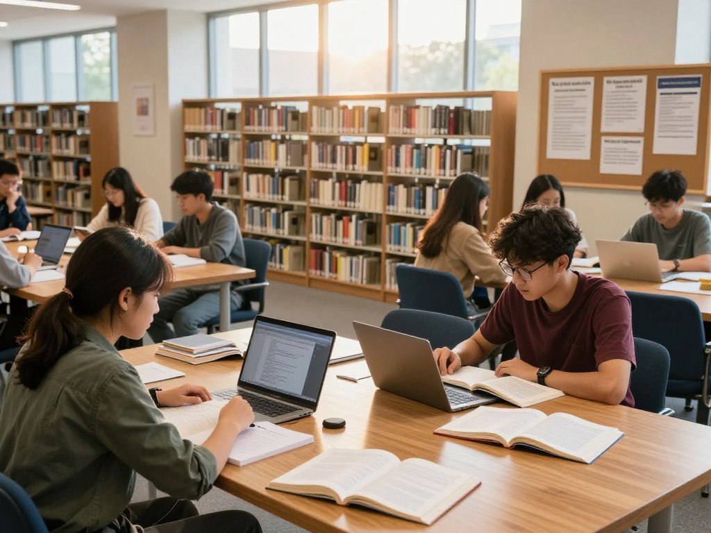 A vibrant university library setting filled with students engaged in study groups. In the foreground, two students in modest casual clothing are seated at a large wooden table, surrounded by open textbooks, laptops, and academic resources like notebooks and study guides. The middle ground showcases shelves filled with books and digital resources, while a bulletin board features flyers for academic support services. The background reveals tall windows letting in warm, soft sunlight, creating an inviting atmosphere. The scene conveys a sense of motivation and collaboration, with warm, natural lighting to enhance a productive mood. The angle is slightly elevated to capture the dynamic interactions among students, emphasizing an environment rich in educational resources.