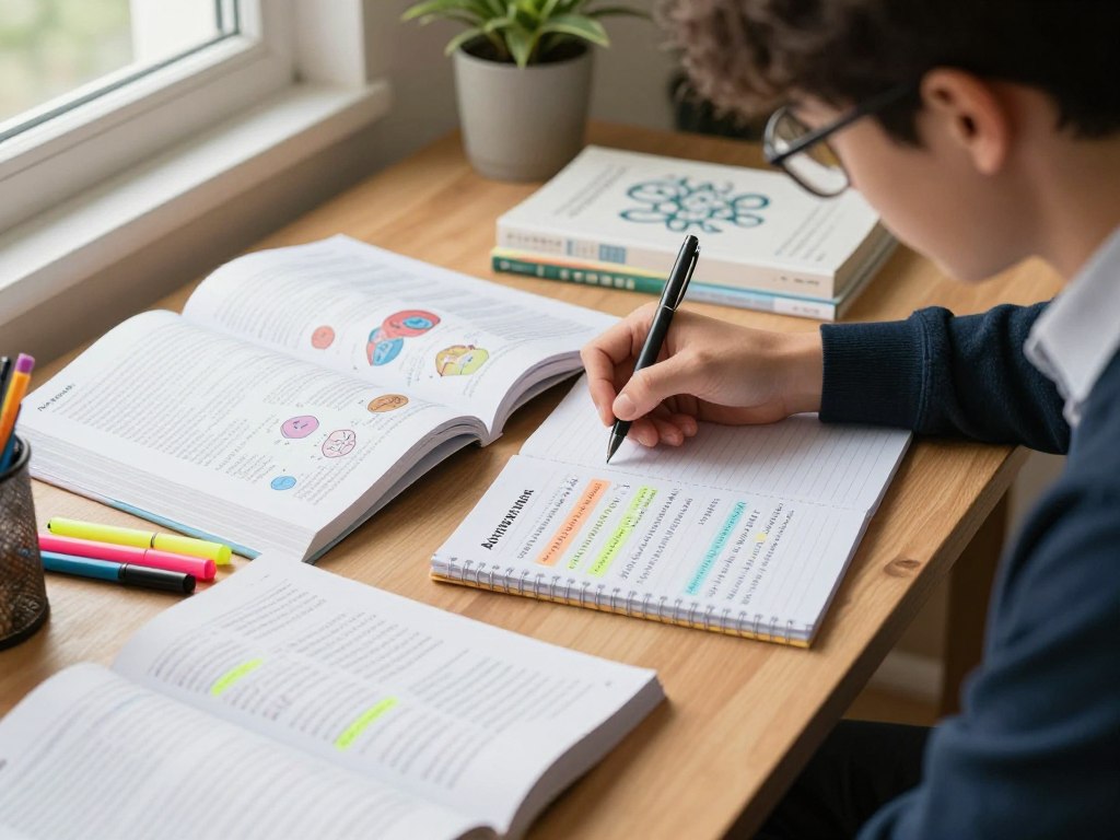 A visually appealing study scene focused on A-Level Biology definitions, featuring a clean wooden desk covered with neatly arranged biology textbooks, colorful highlighters, and handwritten notes with key definitions highlighted. In the foreground, a student, dressed in smart casual attire, is deeply engaged, jotting down notes with a pen, their expression reflecting concentration and determination. The middle ground showcases a large open textbook with illustrations of cellular structures and diagrams, enhancing the educational theme. In the background, a cozy study environment is illuminated by warm, natural light streaming through a window, creating an inviting atmosphere for learning. The overall mood is one of motivation and focus, perfectly capturing effective study techniques for mastering complex definitions.